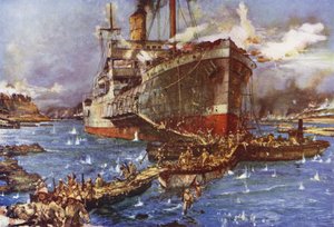 El desembarco de tropas desde el río Clyde en la playa V, península de Gallipoli, Turquía, 25 de abril de 1915